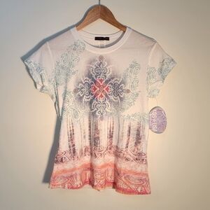 NWT vintage y2k baby tee t-shirt tribal hippie pastel printed custo barcelona M